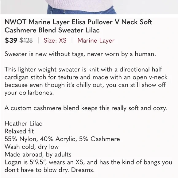 New without tag Marine Layer Elisa Soft Pullover Sweater size XS. V Neck. - Picture 8 of 8